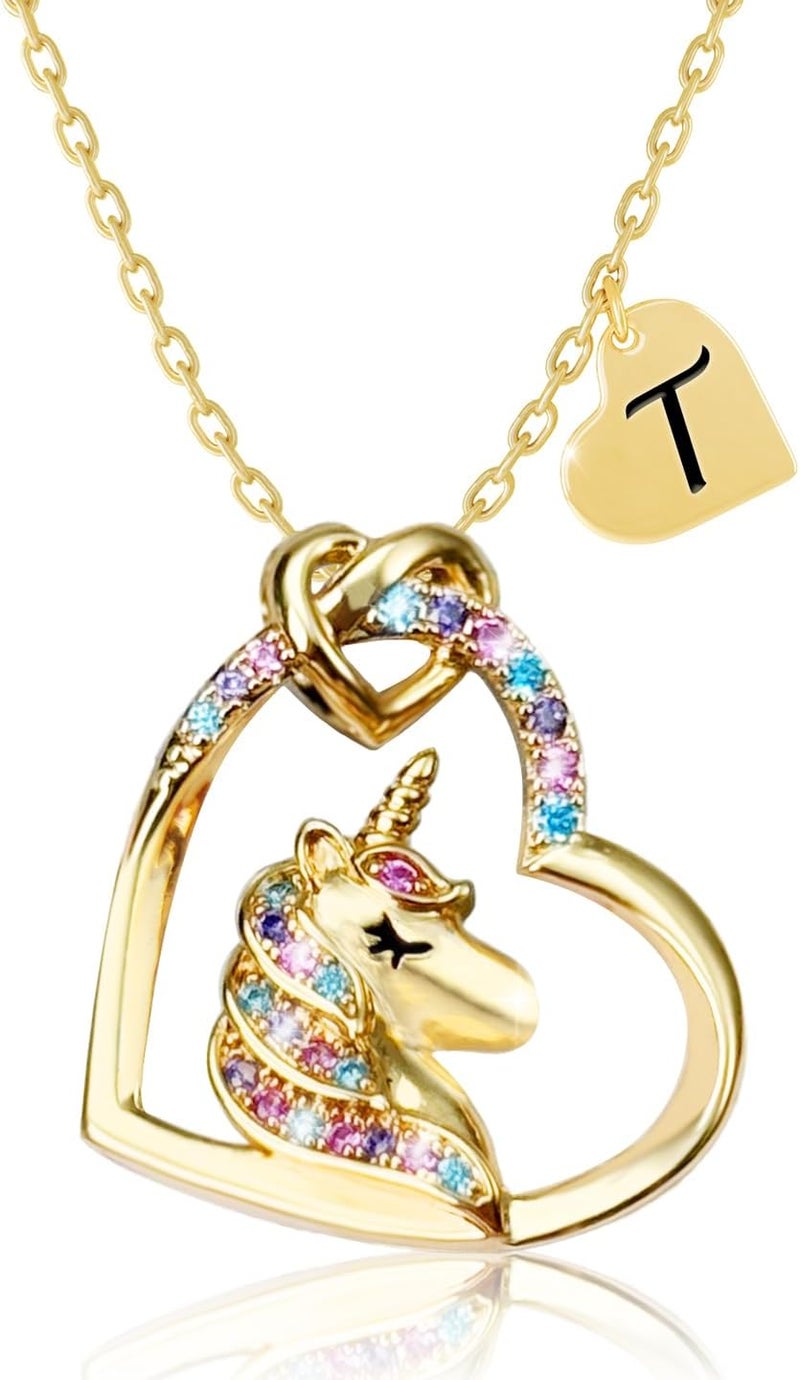 PYXC Valentines Day Gifts - Unicorn Necklace Gifts for Girls, Gold CZ Heart Unicorn Jewelry Initial Girls Birthday Colorful Heart Necklace Birthday present - Image 1